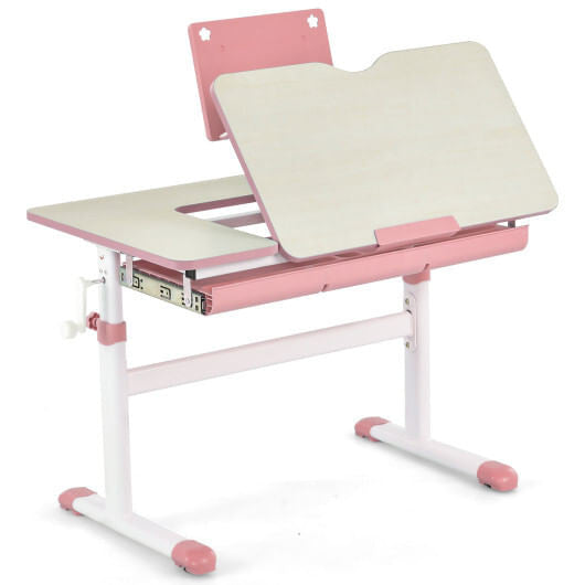 Blue height-adjustable kids desk with a tilting tabletop, built-in book stand, and pull-out storage drawer — view 5