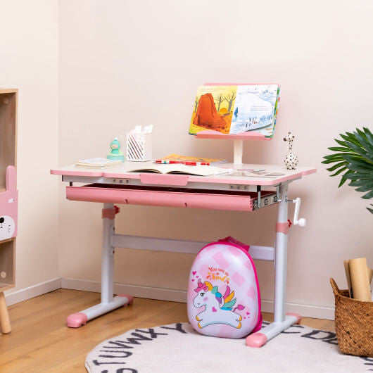 Blue height-adjustable kids desk with a tilting tabletop, built-in book stand, and pull-out storage drawer — view 6