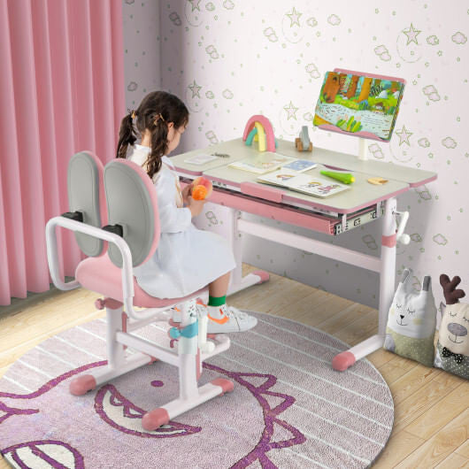 Blue height-adjustable kids desk with a tilting tabletop, built-in book stand, and pull-out storage drawer — view 7