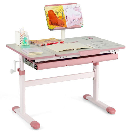 Blue height-adjustable kids desk with a tilting tabletop, built-in book stand, and pull-out storage drawer — view 8