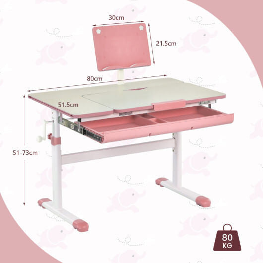 Blue height-adjustable kids desk with a tilting tabletop, built-in book stand, and pull-out storage drawer — view 9