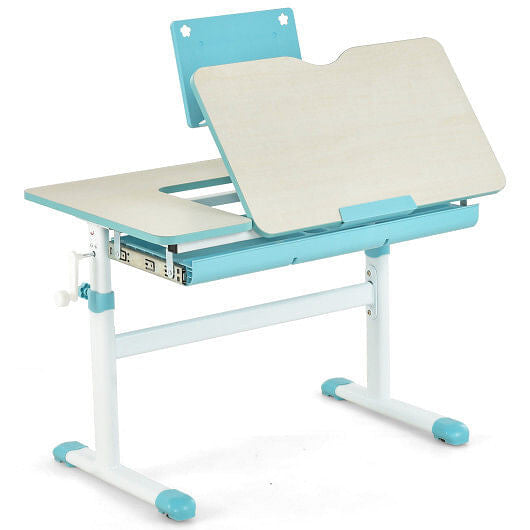 Blue height-adjustable kids desk with a tilting tabletop, built-in book stand, and pull-out storage drawer — view 10