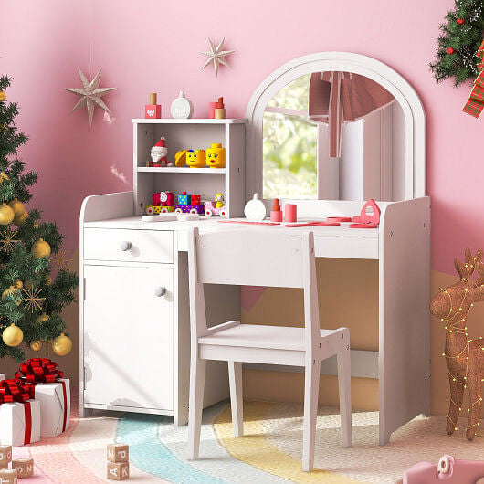 White kids vanity table and chair set with lighted shatterproof mirror, drawer, and open shelves