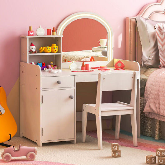 White kids vanity table and chair set with lighted shatterproof mirror, drawer, and open shelves — view 2