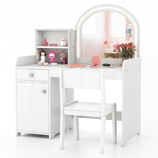 White kids vanity table and chair set with lighted shatterproof mirror, drawer, and open shelves — view 3