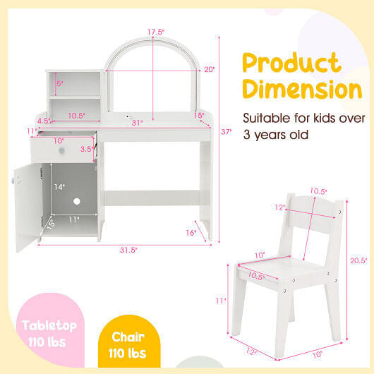 White kids vanity table and chair set with lighted shatterproof mirror, drawer, and open shelves — view 4