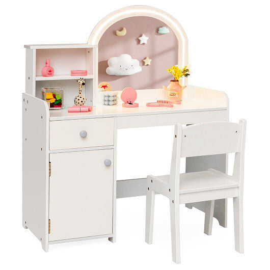White kids vanity table and chair set with lighted shatterproof mirror, drawer, and open shelves — view 5
