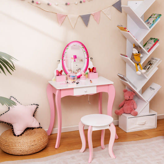 Pink kids vanity table and stool set featuring a rotating round mirror and storage drawer — view 2