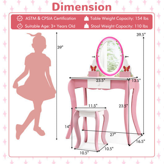 Pink kids vanity table and stool set featuring a rotating round mirror and storage drawer — view 3