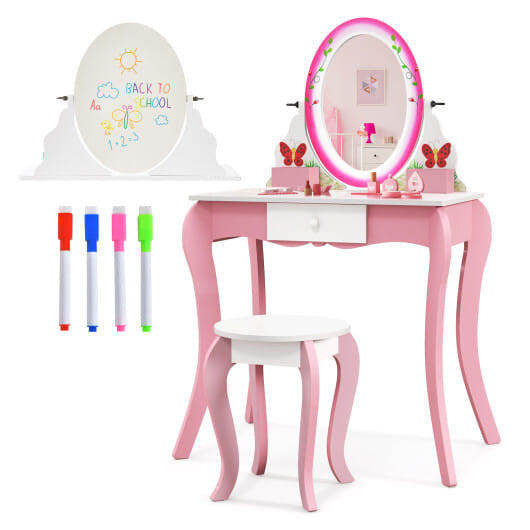 Pink kids vanity table and stool set featuring a rotating round mirror and storage drawer — view 4