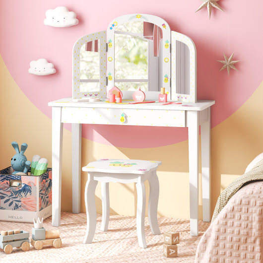 White kids vanity table set featuring a tri-folding mirror, large pull-out drawer, and curved legs.