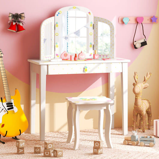 White kids vanity table set featuring a tri-folding mirror, large pull-out drawer, and curved legs. — view 2