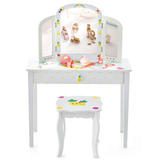 White kids vanity table set featuring a tri-folding mirror, large pull-out drawer, and curved legs. — view 3