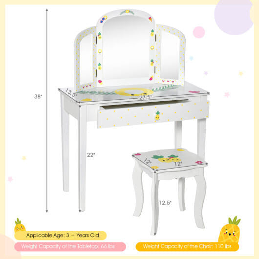 White kids vanity table set featuring a tri-folding mirror, large pull-out drawer, and curved legs. — view 4