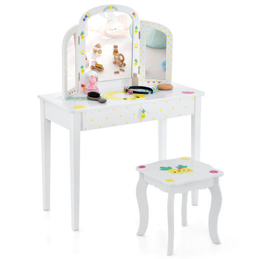 White kids vanity table set featuring a tri-folding mirror, large pull-out drawer, and curved legs. — view 5