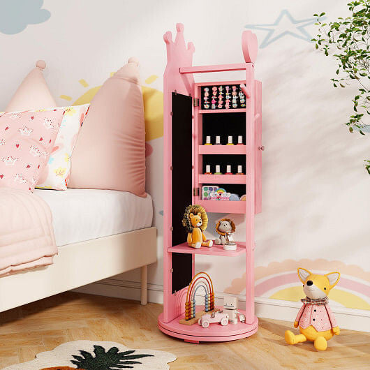 Pink kids jewelry armoire with full-length mirror, storage shelves, and open cabinet doors — view 3