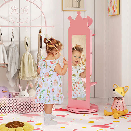 Pink kids jewelry armoire with full-length mirror, storage shelves, and open cabinet doors — view 5
