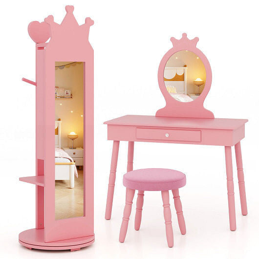 Pink kids jewelry armoire with full-length mirror, storage shelves, and open cabinet doors — view 6