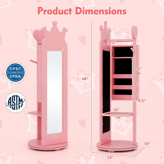 Pink kids jewelry armoire with full-length mirror, storage shelves, and open cabinet doors — view 4