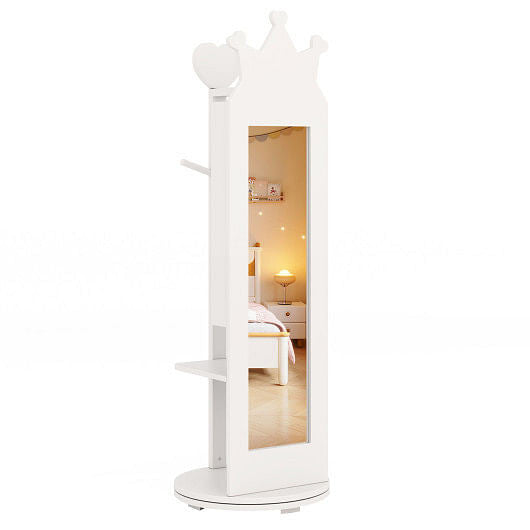 Pink kids jewelry armoire with full-length mirror, storage shelves, and open cabinet doors — view 2
