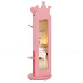 Pink kids jewelry armoire with full-length mirror, storage shelves, and open cabinet doors