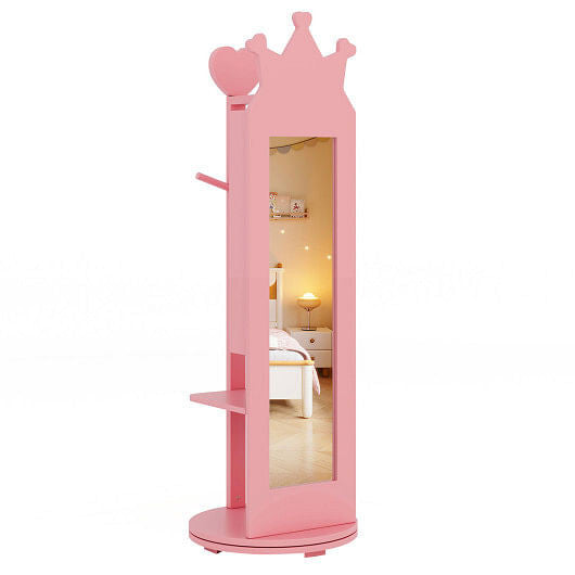 Pink kids jewelry armoire with full-length mirror, storage shelves, and open cabinet doors