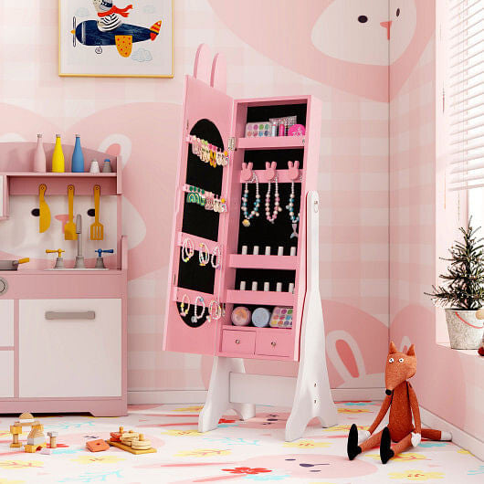 Pink rabbit theme kids jewelry armoire cabinet with adjustable full-length freestanding floor mirror — view 3