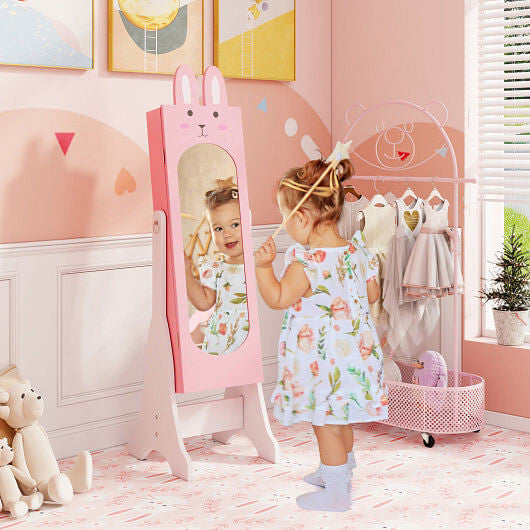 Pink rabbit theme kids jewelry armoire cabinet with adjustable full-length freestanding floor mirror — view 5