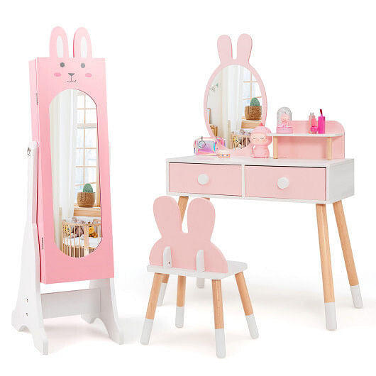 Pink rabbit theme kids jewelry armoire cabinet with adjustable full-length freestanding floor mirror — view 6