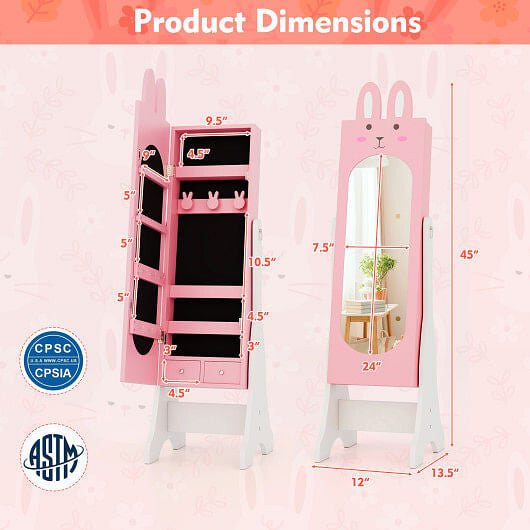 Pink rabbit theme kids jewelry armoire cabinet with adjustable full-length freestanding floor mirror — view 4