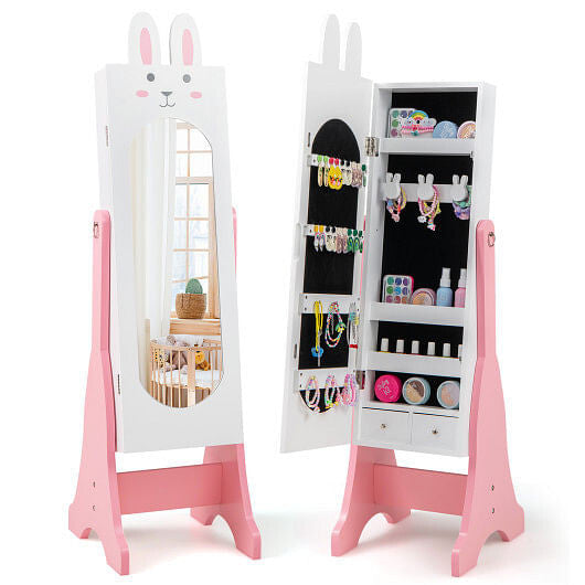 Pink rabbit theme kids jewelry armoire cabinet with adjustable full-length freestanding floor mirror — view 2