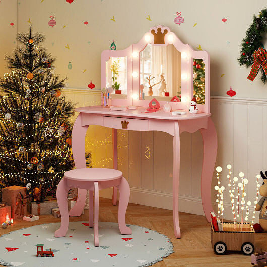 Kids vanity set in pink with lighted tri-fold mirror, matching stool, and spacious drawer. — view 3