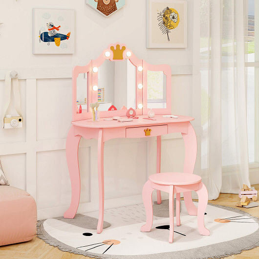 Kids vanity set in pink with lighted tri-fold mirror, matching stool, and spacious drawer. — view 5
