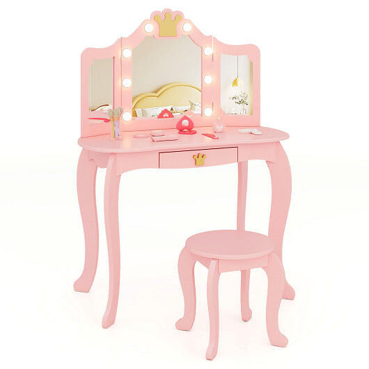 Kids vanity set in pink with lighted tri-fold mirror, matching stool, and spacious drawer. — view 6