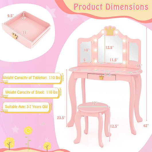 Kids vanity set in pink with lighted tri-fold mirror, matching stool, and spacious drawer. — view 4