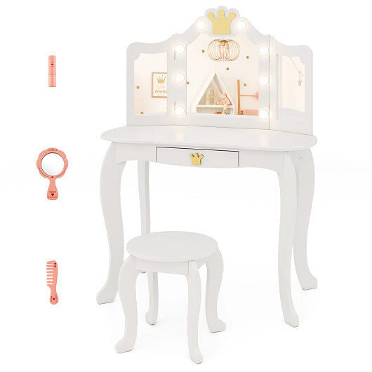 Kids vanity set in pink with lighted tri-fold mirror, matching stool, and spacious drawer. — view 2