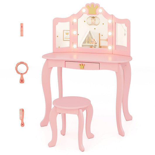 Kids vanity set in pink with lighted tri-fold mirror, matching stool, and spacious drawer.