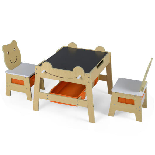 Grey 5-in-1 toddler table and chairs set with reversible chalkboard, storage bins, and bear-shaped seats.