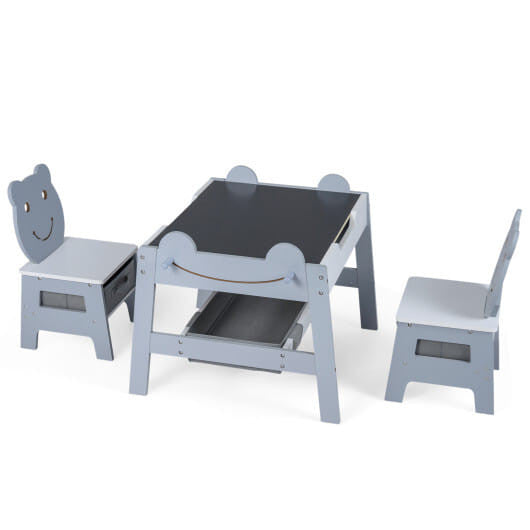 Grey 5-in-1 toddler table and chairs set with reversible chalkboard, storage bins, and bear-shaped seats. — view 2