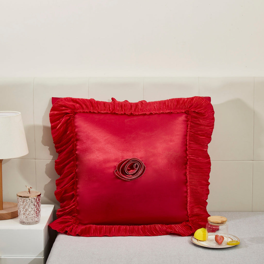 Bright red satin ruffled Euro pillow sham with floral embellishments and vintage ballroom design. — view 2