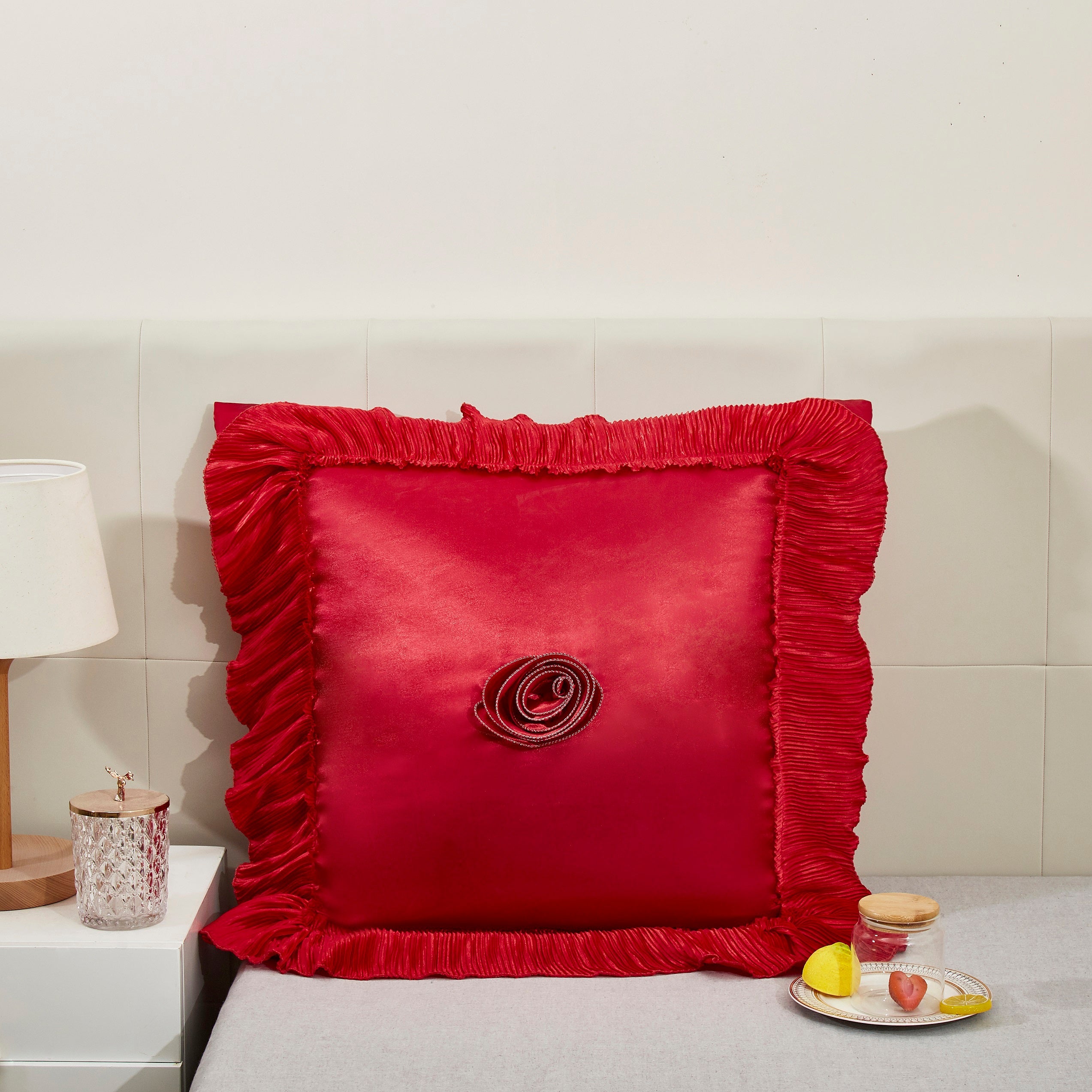 Bright red satin ruffled Euro pillow sham with floral embellishments and vintage ballroom design. — view 2