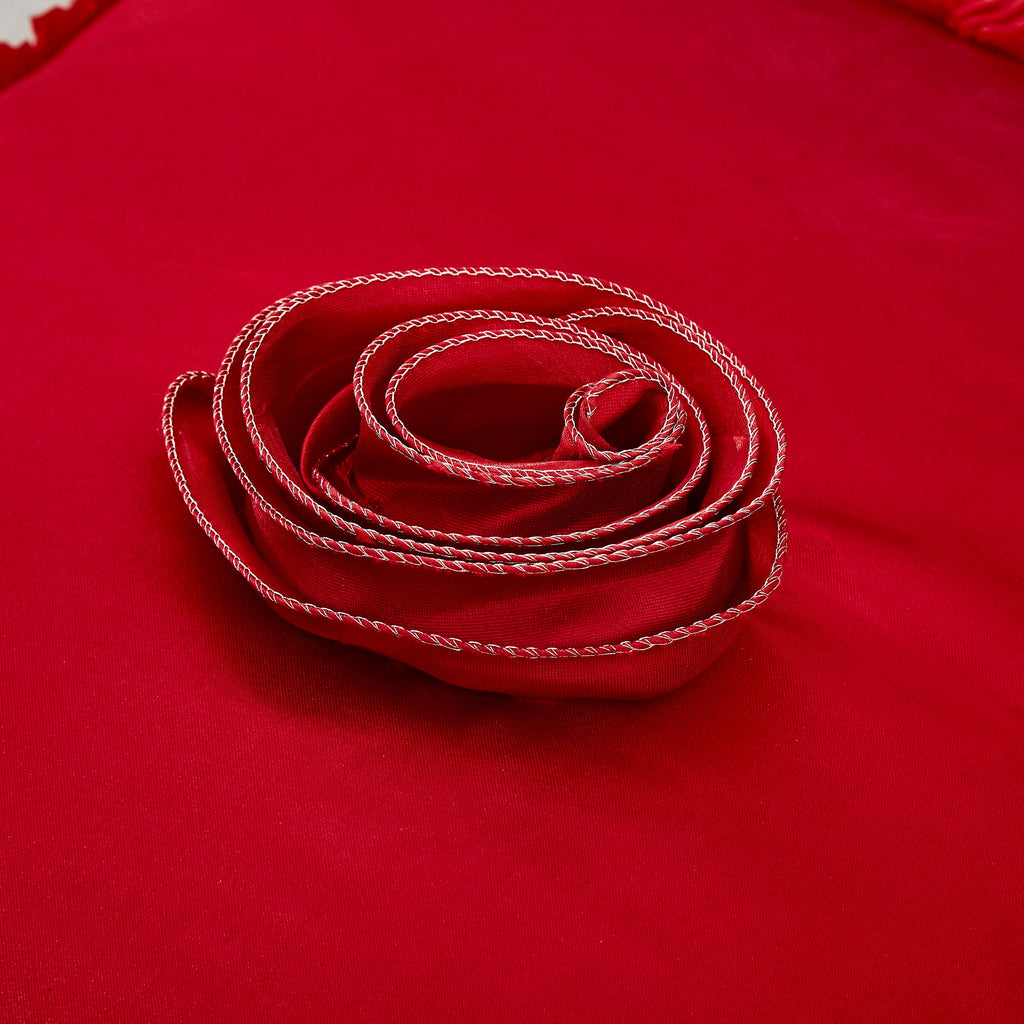 Bright red satin ruffled Euro pillow sham with floral embellishments and vintage ballroom design. — view 3