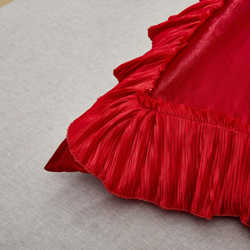 Bright red satin ruffled Euro pillow sham with floral embellishments and vintage ballroom design. — view 4