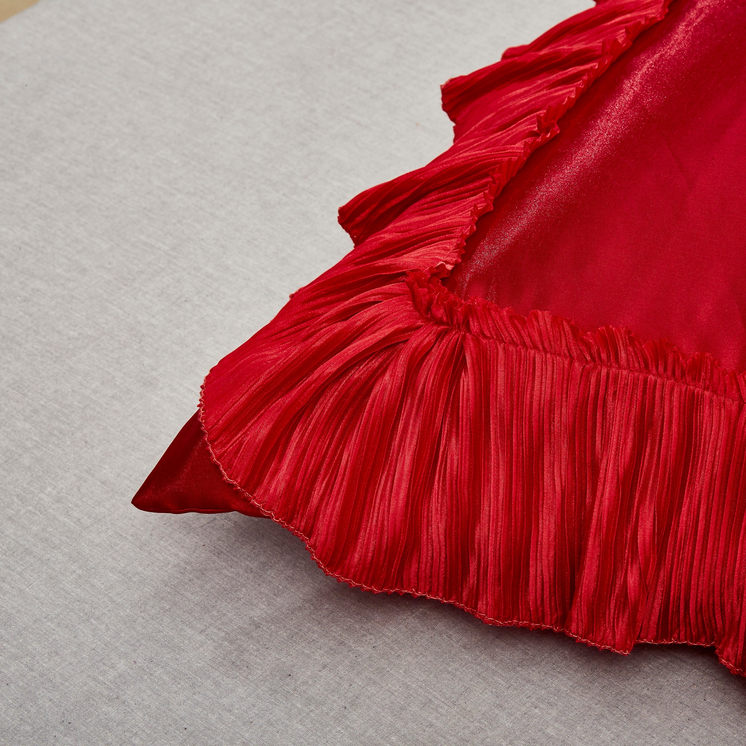 Bright red satin ruffled Euro pillow sham with floral embellishments and vintage ballroom design. — view 4
