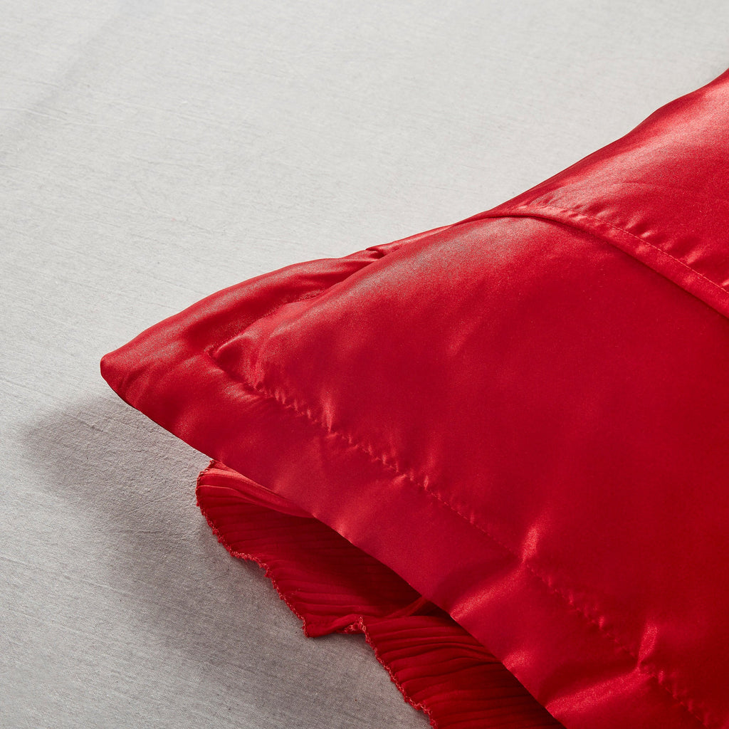 Bright red satin ruffled Euro pillow sham with floral embellishments and vintage ballroom design. — view 5