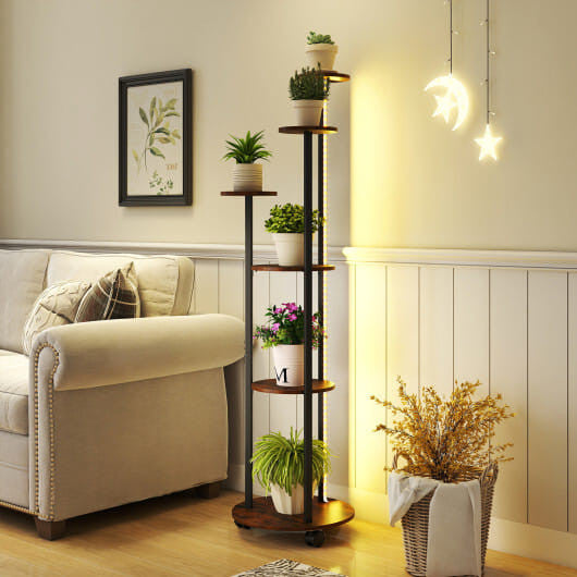 6-tier Plant Stand with RGB Light and Wheels 57inch Tall Indoor Display Shelf Flowerpot Holder-Rust