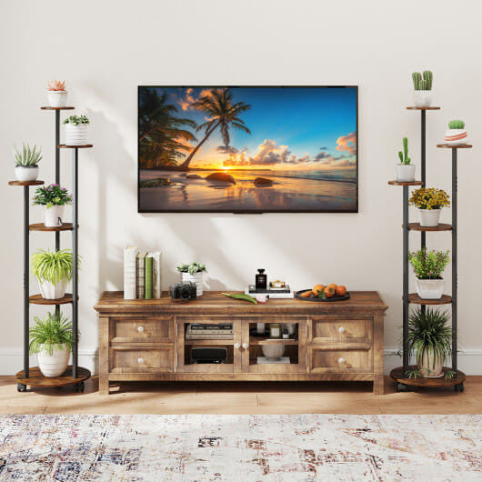 6-tier Plant Stand with RGB Light and Wheels 57inch Tall Indoor Display Shelf Flowerpot Holder-Rust