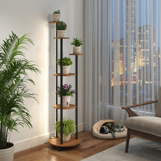 6-tier Plant Stand with RGB Light and Wheels 57inch Tall Indoor Display Shelf Flowerpot Holder-Rust