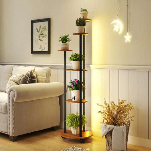 6-tier Plant Stand with RGB Light and Wheels 57inch Tall Indoor Display Shelf Flowerpot Holder-Rust