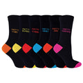Six pack of women's black novelty socks with colourful heels toes and uplifting motif words